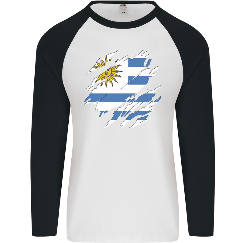 Torn Uruguay Flag Uruguayan Day Football Mens L/S Baseball T-Shirt White/Black