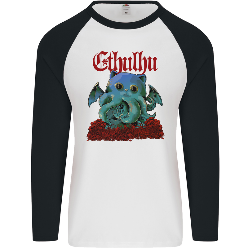 Cathulhu Funny Cat Cthulhu Parody Kraken Mens L/S Baseball T-Shirt White/Black