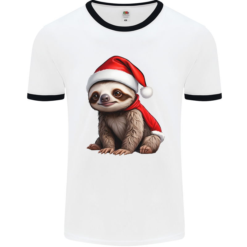 A Cute Christmas Sloth With Xmas Hat on Mens Ringer T-Shirt White/Black