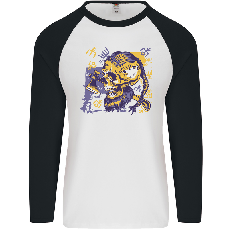 Viking Symbols Skull Mens L/S Baseball T-Shirt White/Black