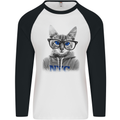 New York City Cat With Glasses Mens L/S Baseball T-Shirt White/Black