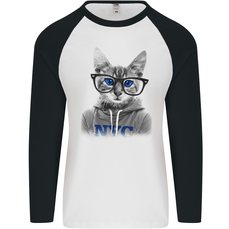 New York City Cat With Glasses Mens L/S Baseball T-Shirt White/Black