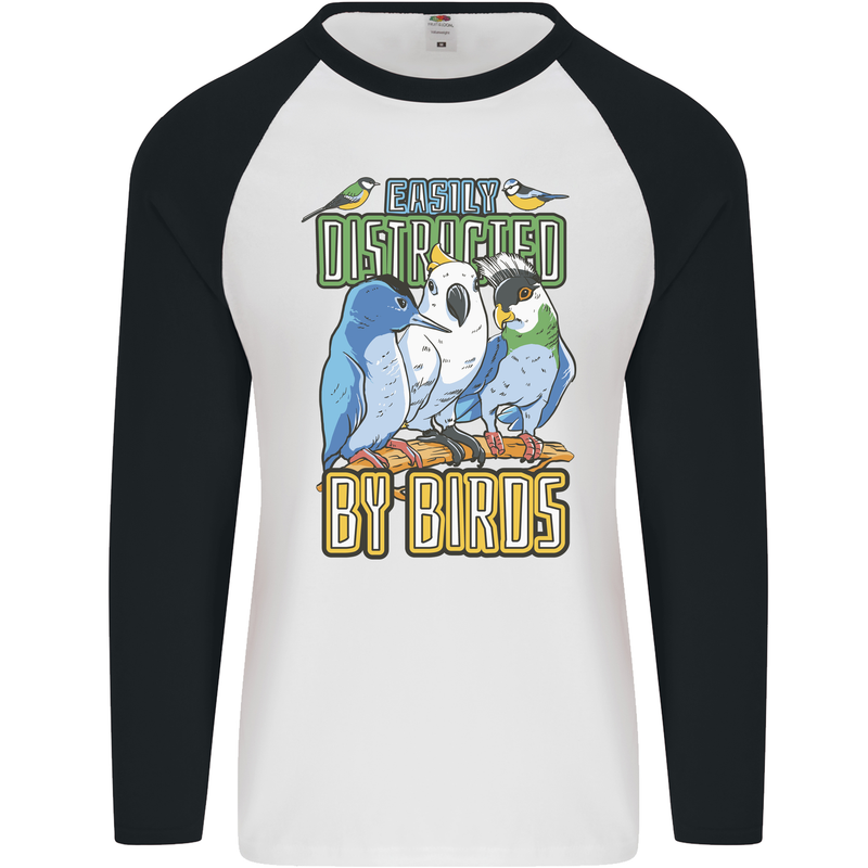 Easily Distracted by Bird Watching Mens L/S Baseball T-Shirt White/Black