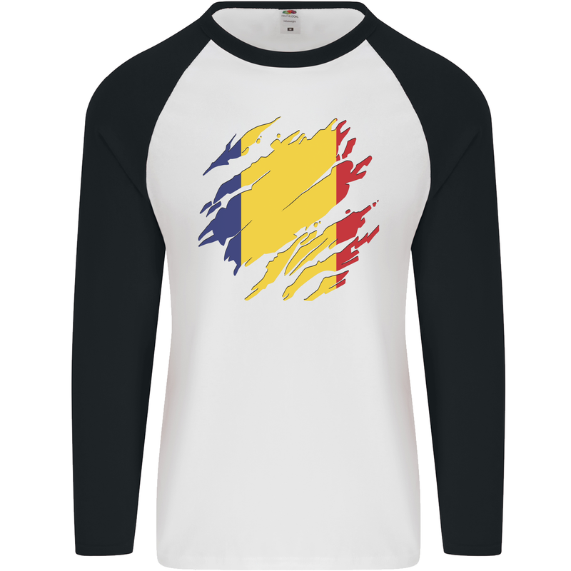 Torn Romania Flag Romanian Day Football Mens L/S Baseball T-Shirt White/Black