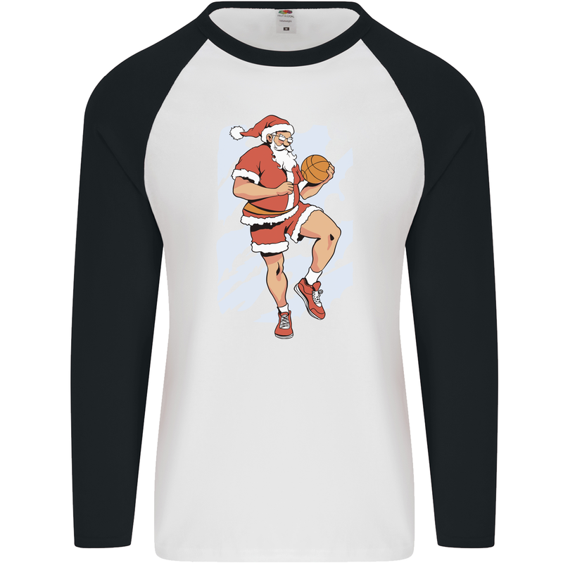 Christmas Basketball Santa Xmas Mens L/S Baseball T-Shirt White/Black