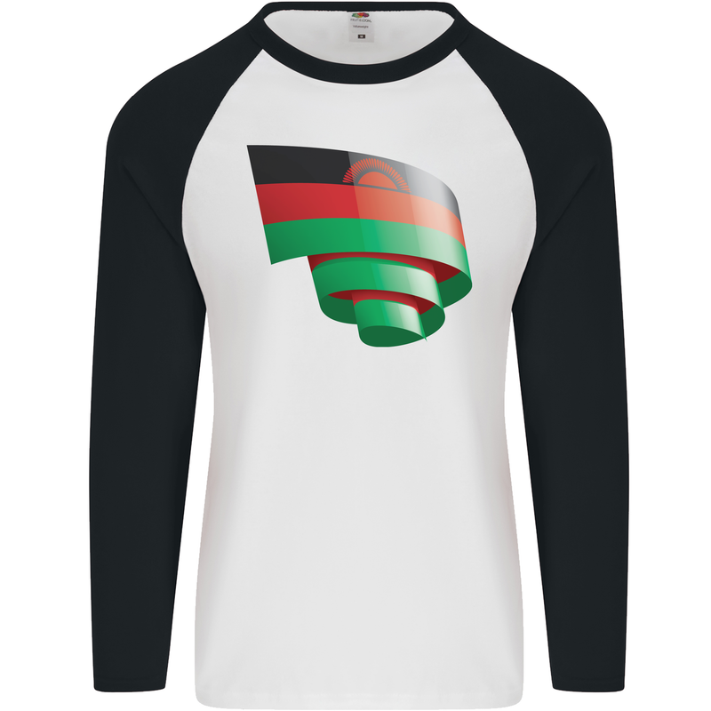 Curled Malawi Flag Malawian Day Football Mens L/S Baseball T-Shirt White/Black