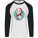 Christmas Cat With Green Background Mens L/S Baseball T-Shirt White/Black
