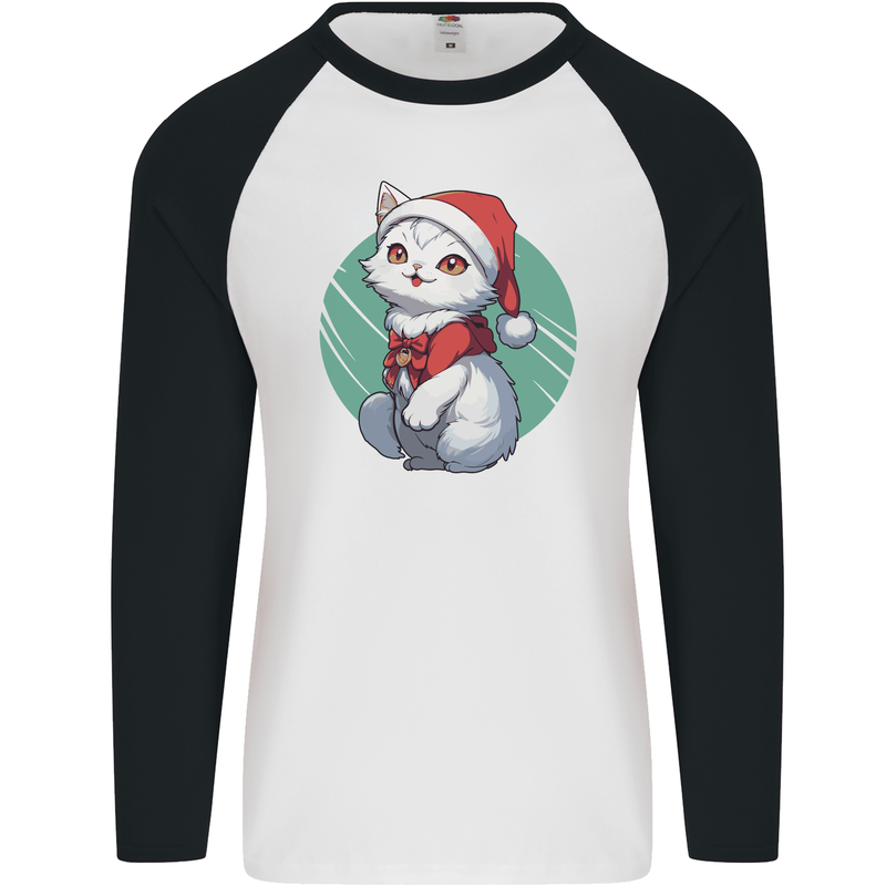 Christmas Cat With Green Background Mens L/S Baseball T-Shirt White/Black