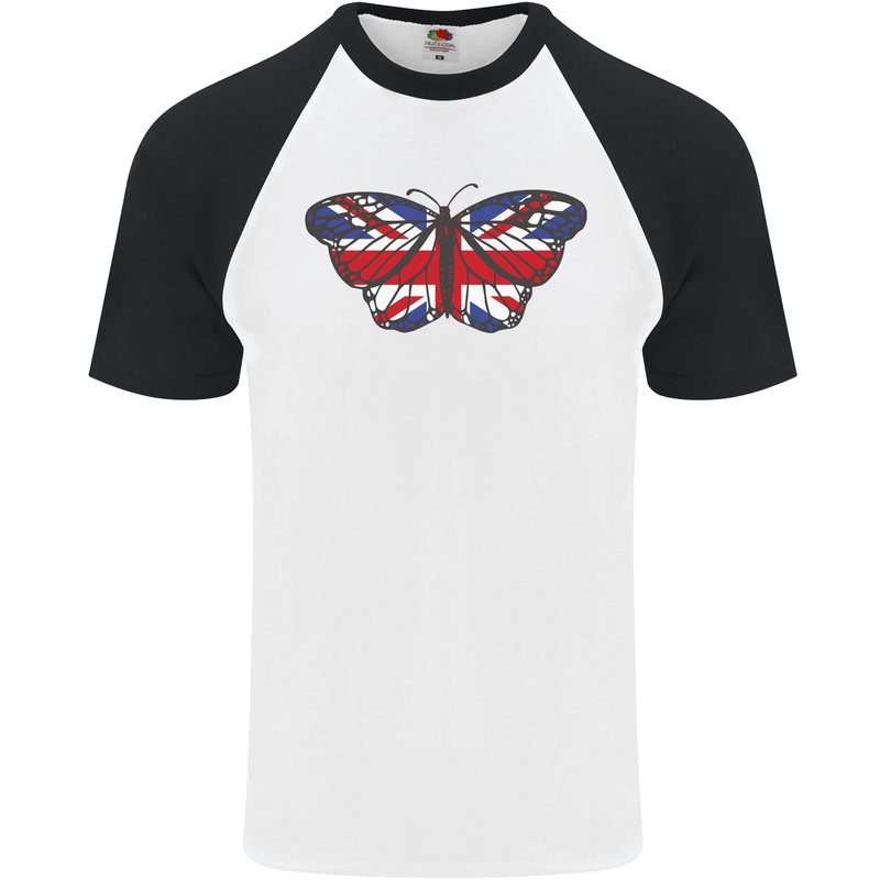 Union Jack Butterfly British Britain Flag Mens S/S Baseball T-Shirt White/Black