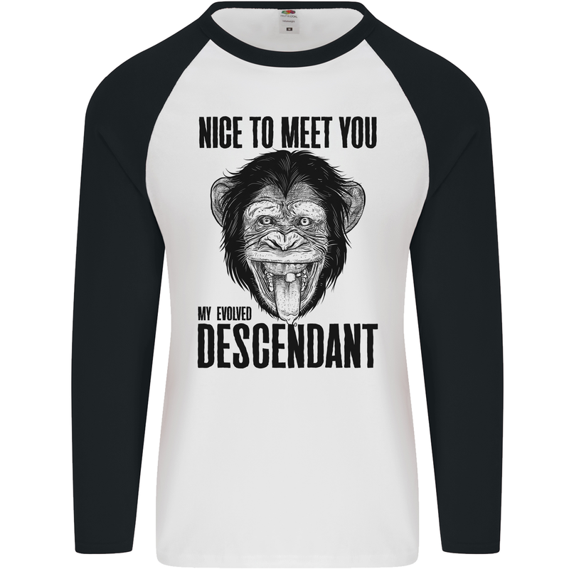 Chimp Evolved Dessendant Funny Monkey Ape Mens L/S Baseball T-Shirt White/Black