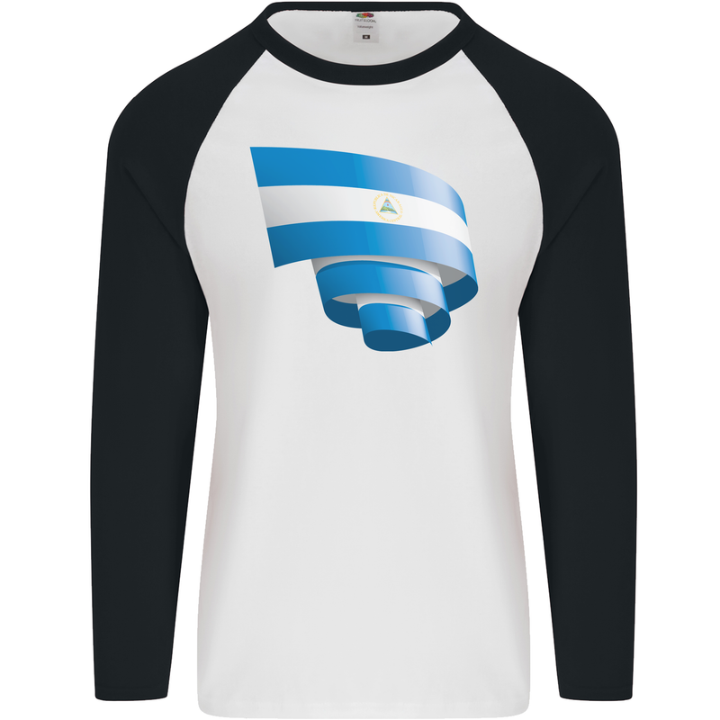 Curled Nicaragua Flag Nicaraguan Day Football Mens L/S Baseball T-Shirt White/Black