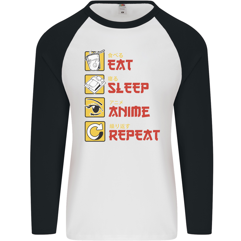 Eat Sleep Anime Repeat Mens L/S Baseball T-Shirt White/Black