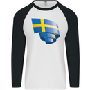 Curled Swedish Flag Sweden Day Football Mens L/S Baseball T-Shirt White/Black