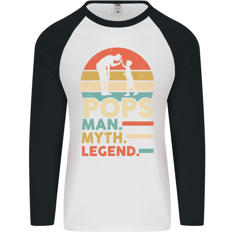 Pops Man Myth Legend Funny Fathers Day Mens L/S Baseball T-Shirt White/Black