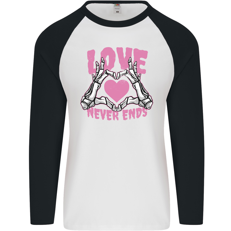 Love Never Ends Gothic Valentine's Day Mens L/S Baseball T-Shirt White/Black