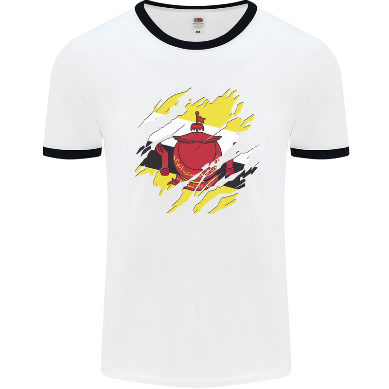 Torn Brunei Flag Bruneian Day Football Mens Ringer T-Shirt White/Black