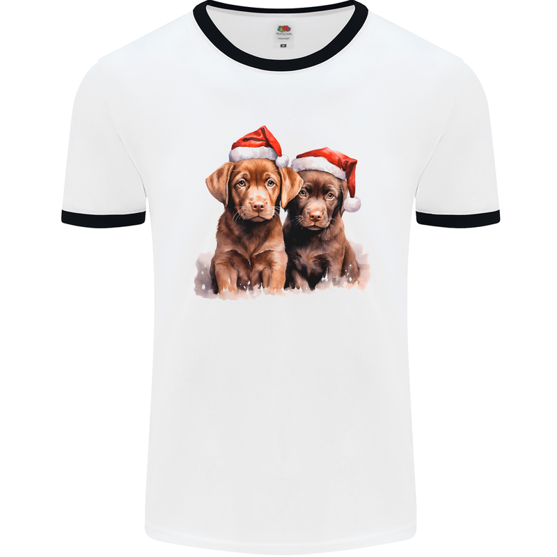 Chocolate Labrador Christmas Puppies Xmas Mens Ringer T-Shirt White/Black