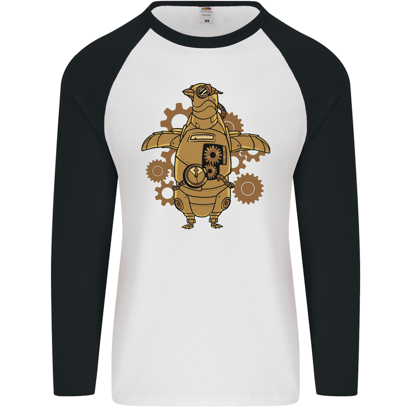 A Steampunk Penguin Mens L/S Baseball T-Shirt White/Black