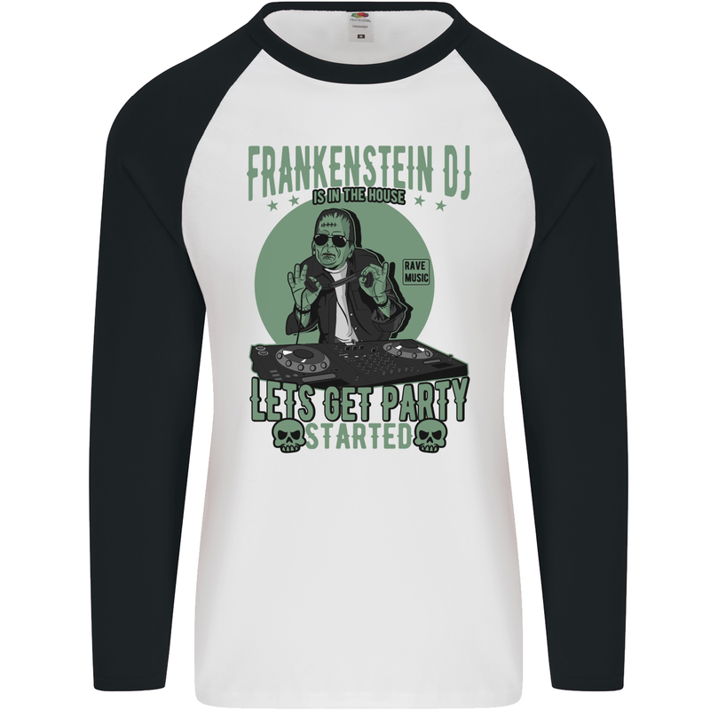 DJ Frankenstein Funny Music Vinyl Halloween Mens L/S Baseball T-Shirt White/Black