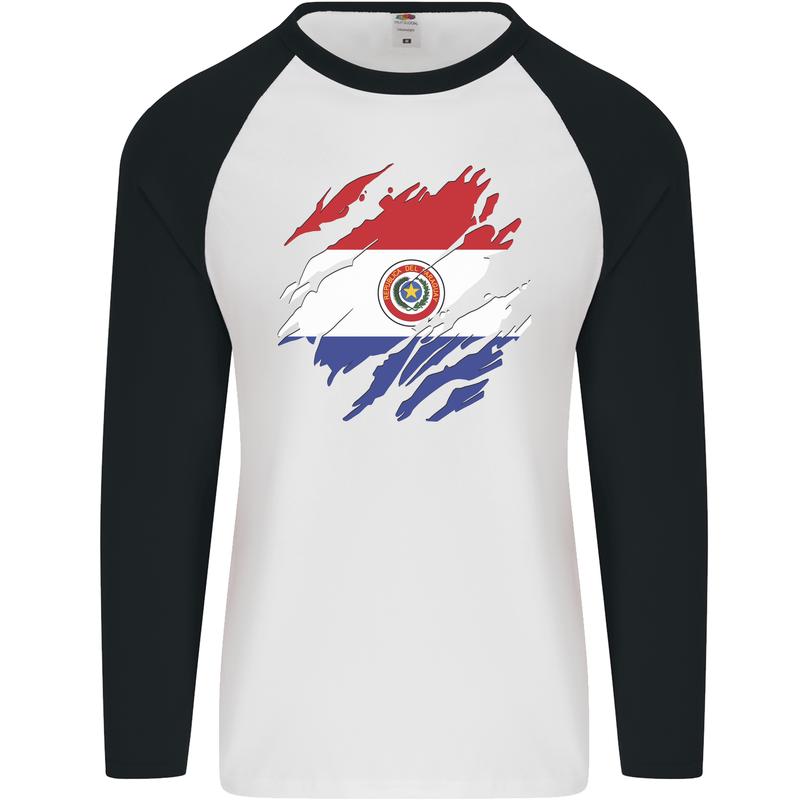 Torn Paraguay Flag Paraguayan Day Football Mens L/S Baseball T-Shirt White/Black