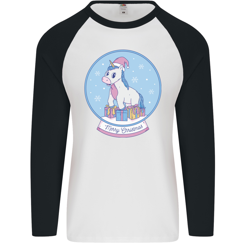 Christmas Unicorn Snow Globe Mens L/S Baseball T-Shirt White/Black