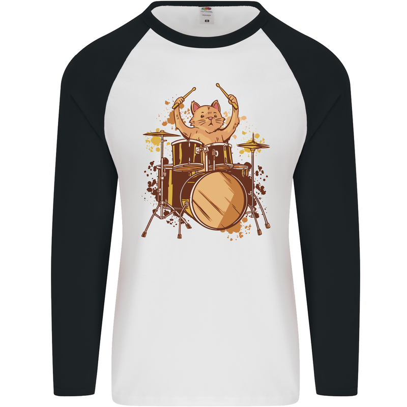 A Cat Drummer Drumming Mens L/S Baseball T-Shirt White/Black