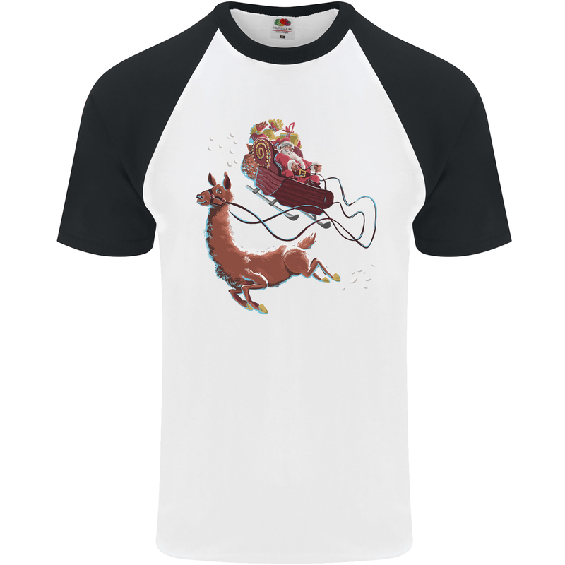 Santa & Llama Funny Christmas Sleigh Xmas Mens S/S Baseball T-Shirt White/Black