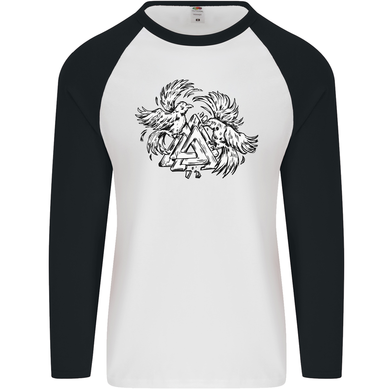 Vikings Valknut Symbol With Ravens Mens L/S Baseball T-Shirt White/Black