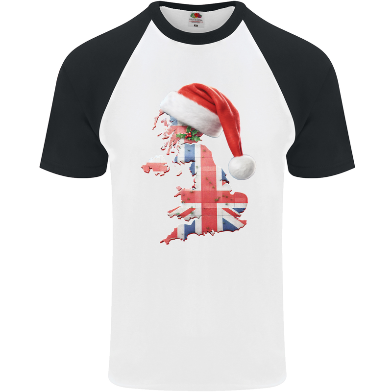 Christmas Great Britain UK Union Jack Flag Xmas Mens S/S Baseball T-Shirt White/Black