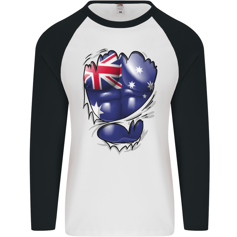 Gym Australian Flag Muscles Australia Mens L/S Baseball T-Shirt White/Black