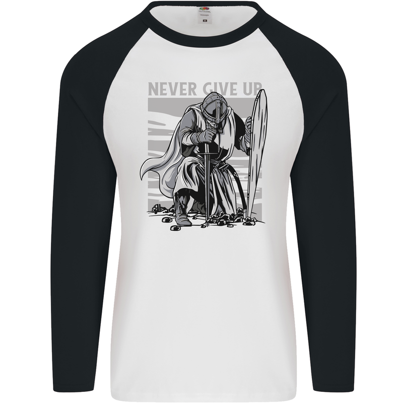 Teutonic Knight Never Give Up Crusader Gym Mens L/S Baseball T-Shirt White/Black