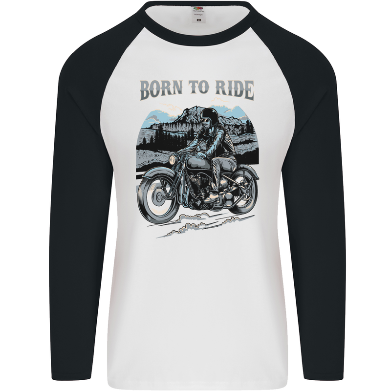 Born to Ride Motorbike Motorcycle Biker Mens L/S Baseball T-Shirt White/Black