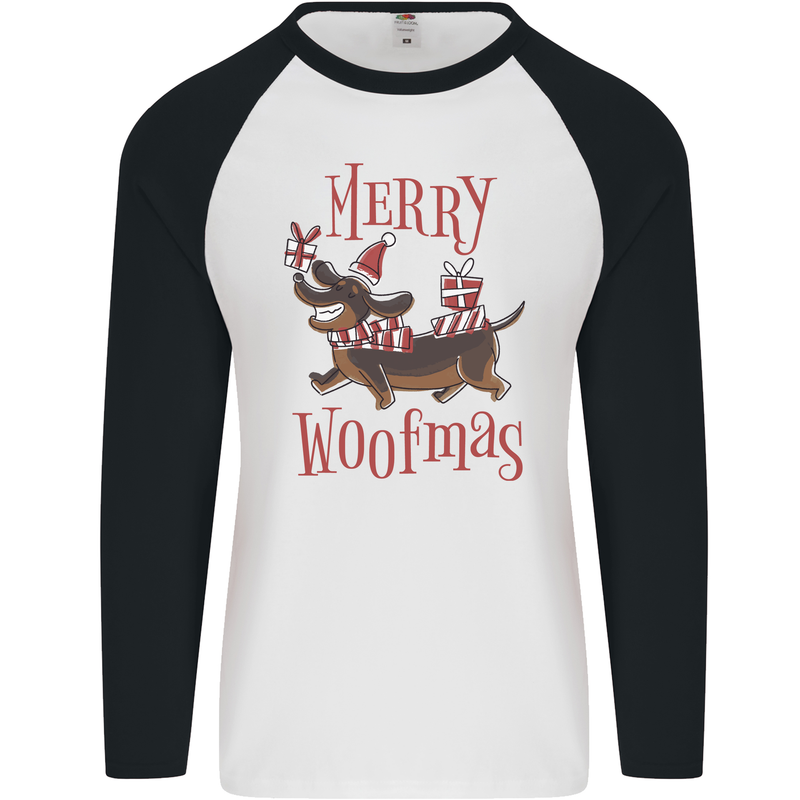 Merry Woofmas Funny Xmas Dog Mens L/S Baseball T-Shirt White/Black