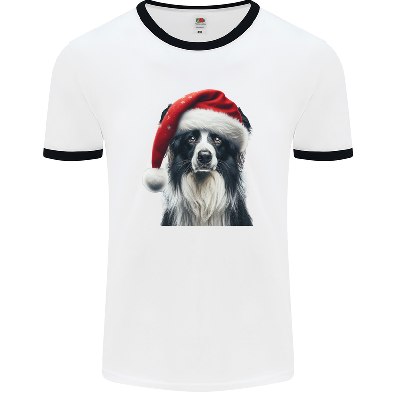 Christmas Border Collie Wearing an Xmas Hat Dog Mens Ringer T-Shirt White/Black