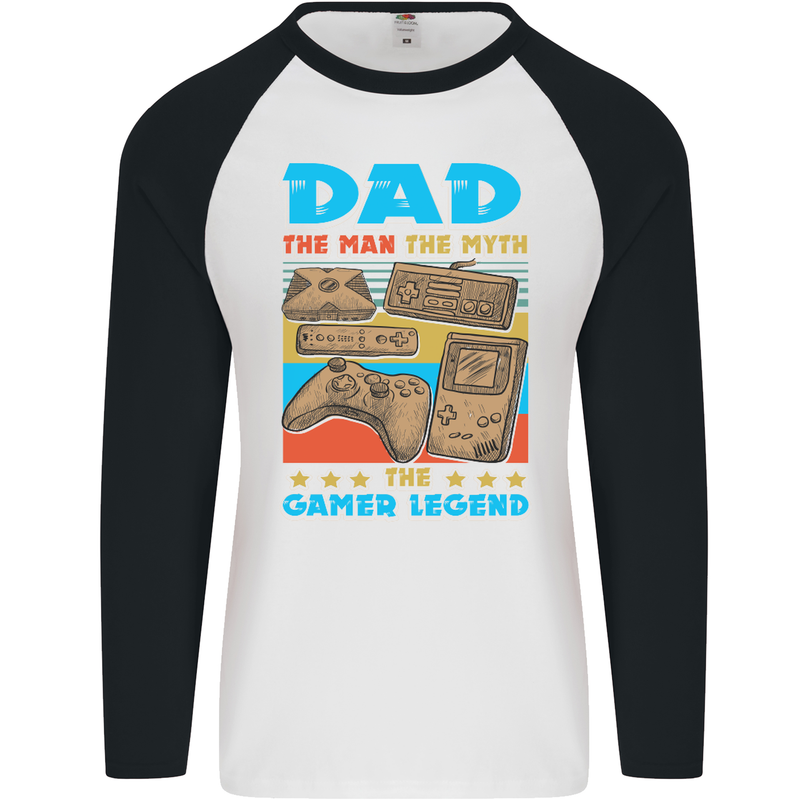 Dad Gamer Legend Fathers Day Gaming Funny Mens L/S Baseball T-Shirt White/Black