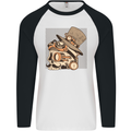 Steampunk Skull With Moustache Mens L/S Baseball T-Shirt White/Black