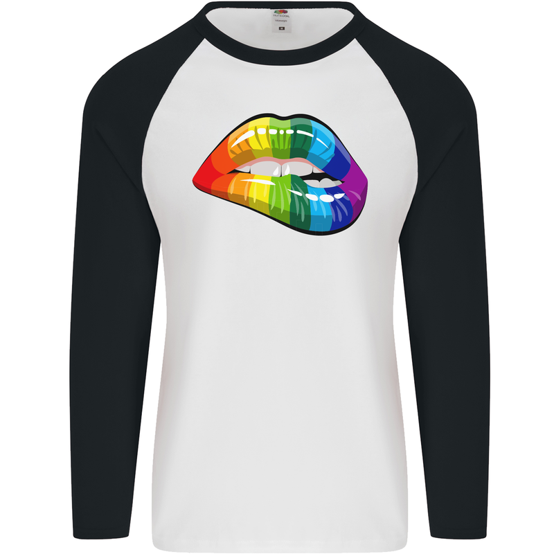 LGBT Bitten Lip Gay Pride Day Mens L/S Baseball T-Shirt White/Black