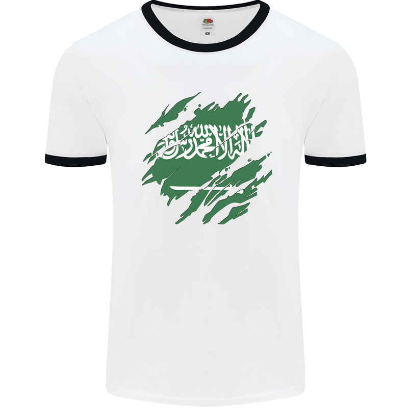 Torn Saudi Arabia Flag Arabian Day Football Mens Ringer T-Shirt White/Black