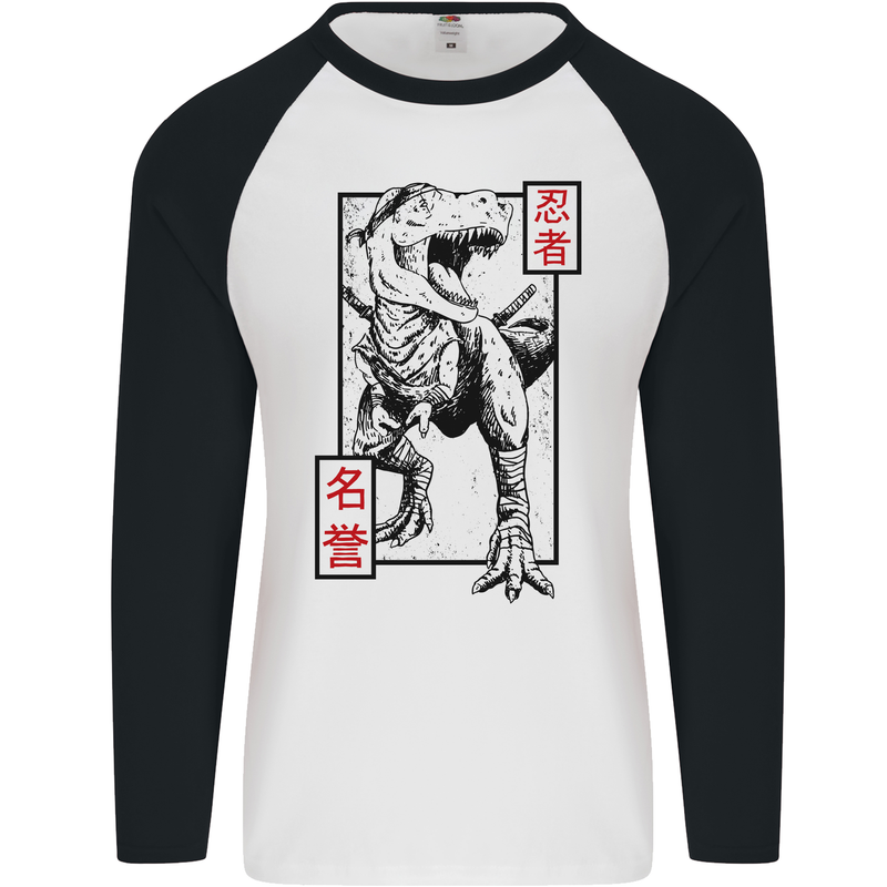 Japanese T-Rex Ninja MMA Mixed Martial Arts Mens L/S Baseball T-Shirt White/Black