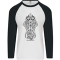 Black Mandala Art Elephant Mens L/S Baseball T-Shirt White/Black