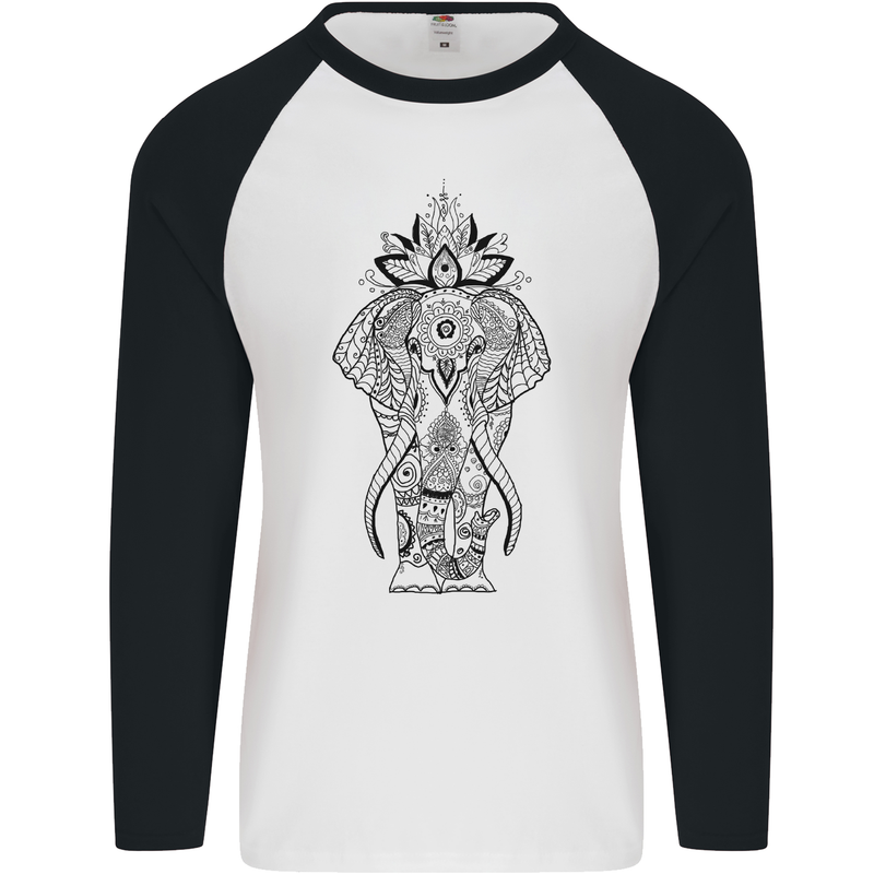 Black Mandala Art Elephant Mens L/S Baseball T-Shirt White/Black