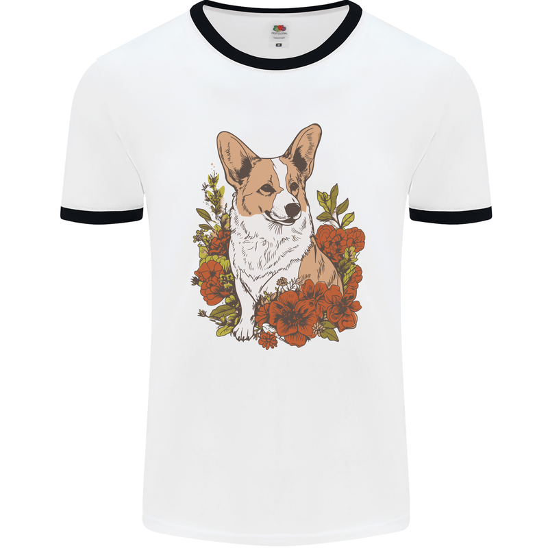 Corgi Dog With Flowers Mens Ringer T-Shirt White/Black