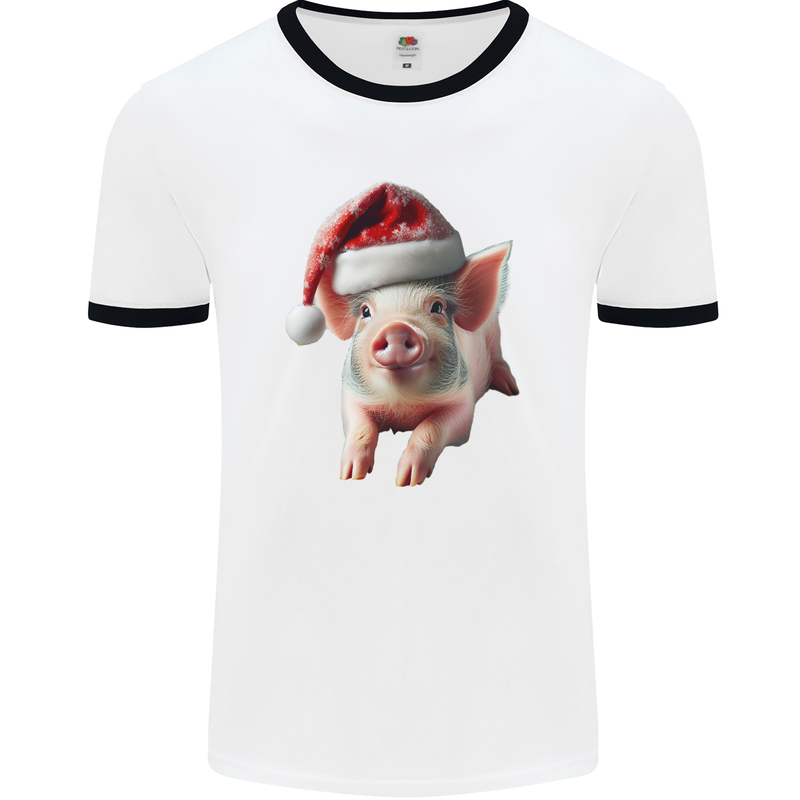 Christmas Pig Wearing Xmas Hats Piglets Mens Ringer T-Shirt White/Black