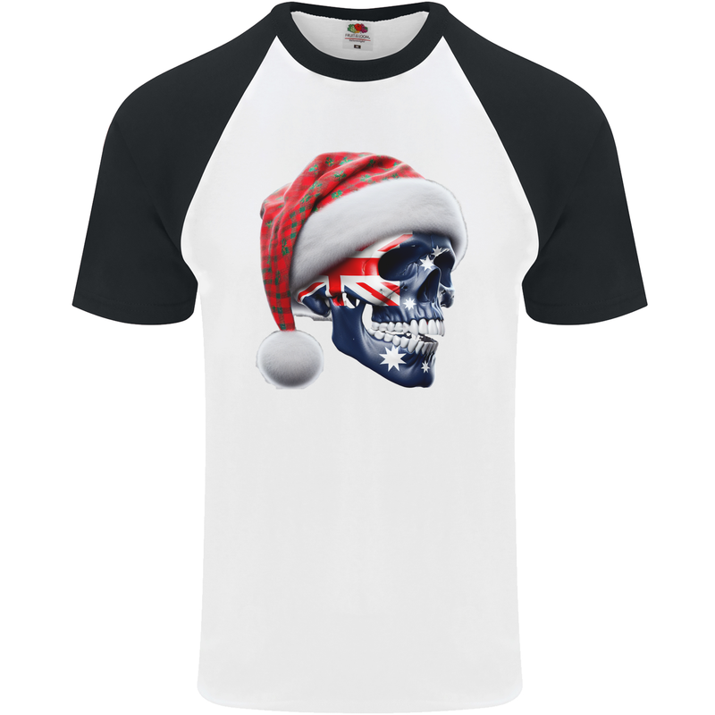 Australian Christmas Skull Xmas Australia Flag Mens S/S Baseball T-Shirt White/Black