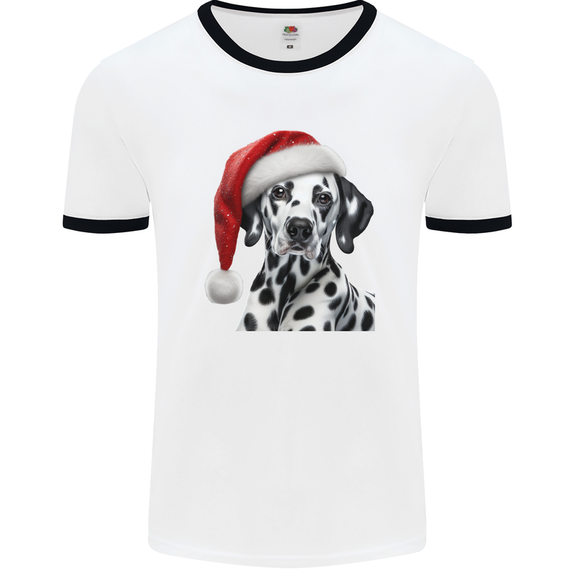 Christmas Dalmatian Wearing a Xmas Hat Dog Mens Ringer T-Shirt White/Black