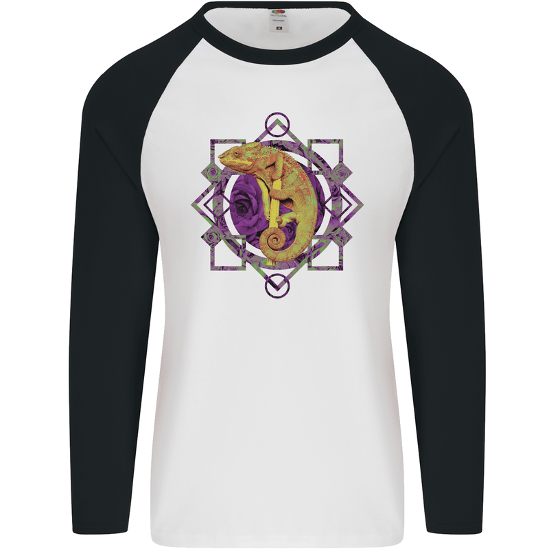 A Geometric Chameleon Mens L/S Baseball T-Shirt White/Black