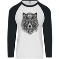 Mandala Tribal Wolf Tattoo Mens L/S Baseball T-Shirt White/Black