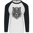 Mandala Tribal Wolf Tattoo Mens L/S Baseball T-Shirt White/Black