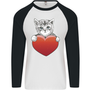 A Cute Cat With a Heart Love Valentines Day Mens L/S Baseball T-Shirt White/Black