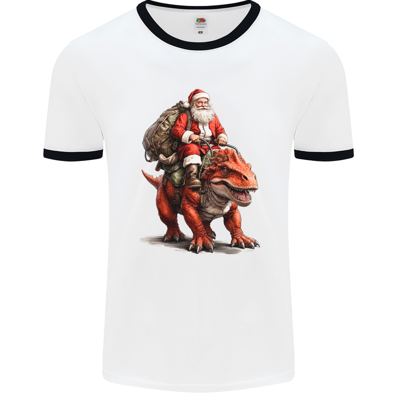 Christmas Santa Riding a Dinosaur Xmas Mens Ringer T-Shirt White/Black